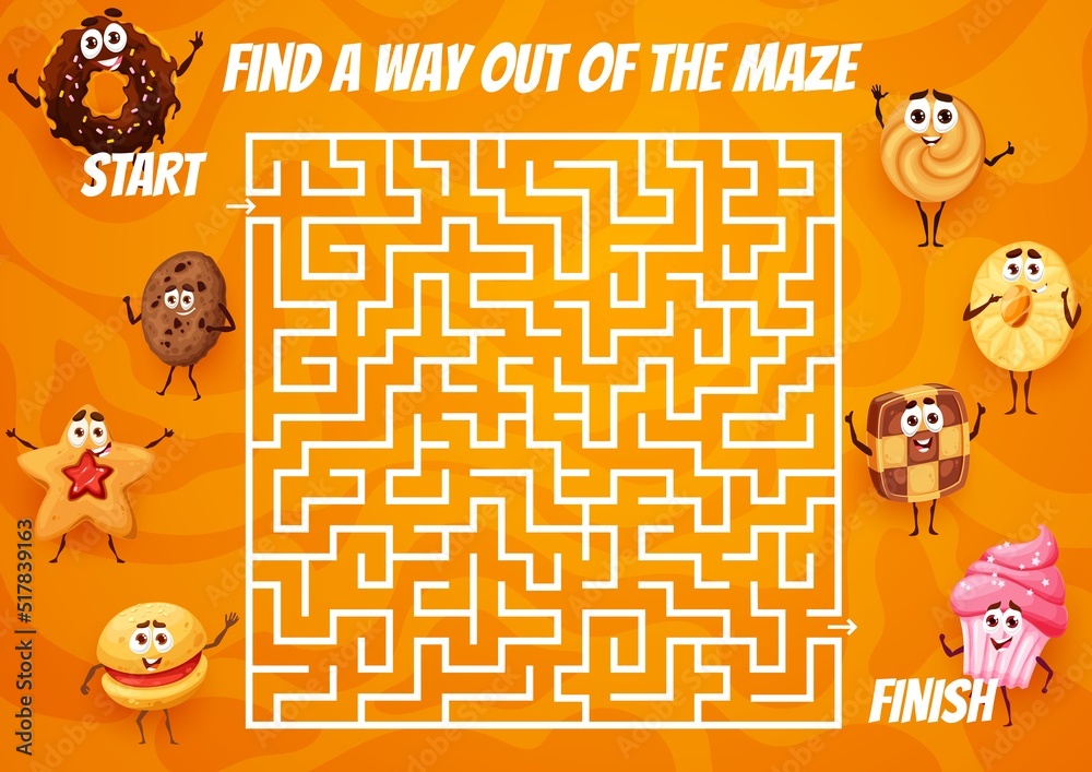 Poster cartoon bakery pastry cakes and cookies, labyrinth maze or vector game worksheet. labyrinth riddle t