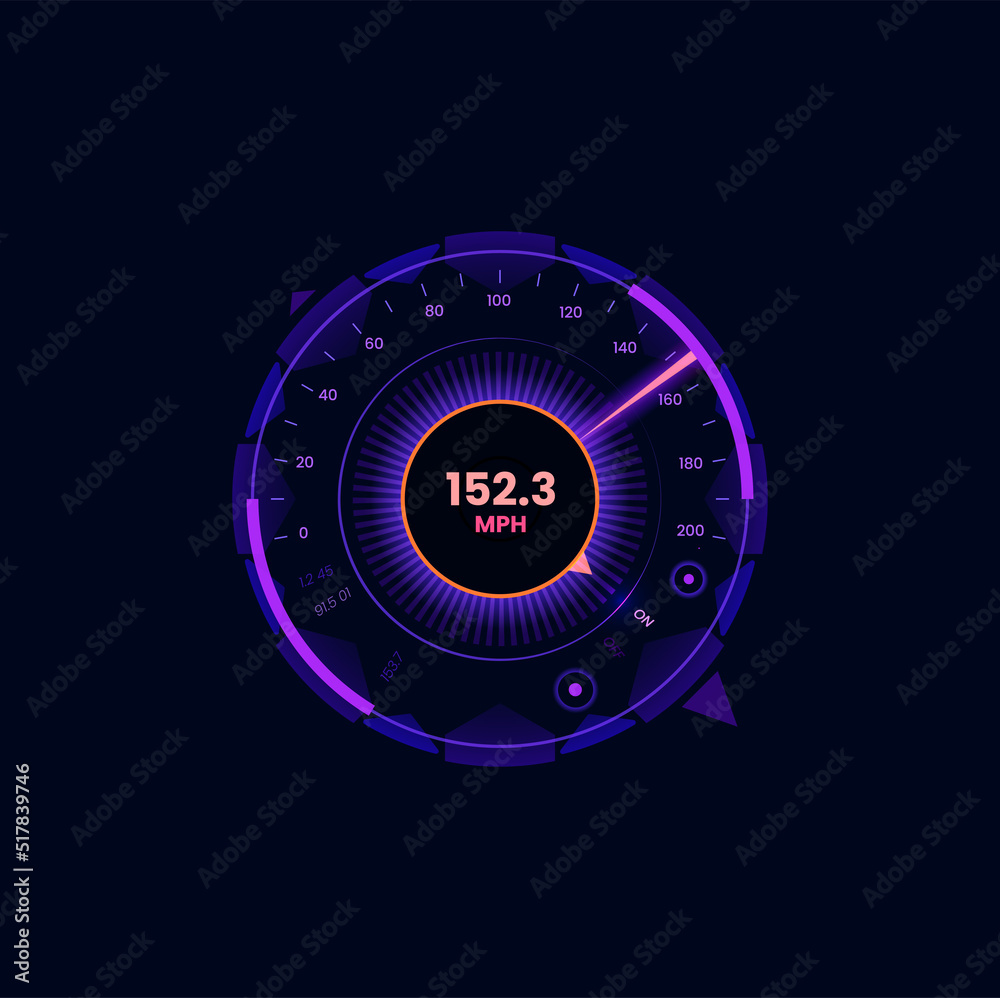 Aufkleber Car futuristic speedometer gauge dial. Motorcycle speedometer display or automobile odometer neon vector scale or violet color digital interface. Vehicle speed meter counter with MPH data and arrow