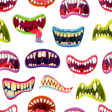 Scary monster mouths and jaws with teeth and tongues cartoon seamless pattern. Halloween monster smiles vector background of horror vampire, angry beast and creepy zombie open mouths, blood and saliva