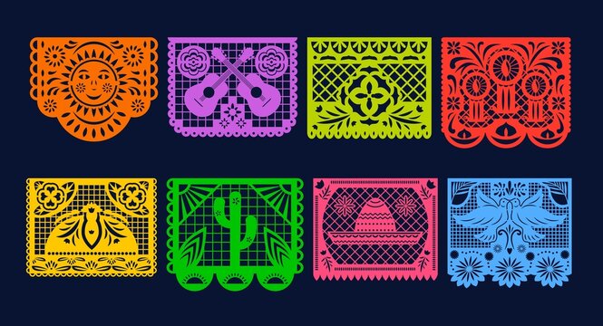 Mexican papel picado papercut flags. Vector Day of Dead isolated paper cutting garland templates. Traditional Mexico Dia de los muertos laser cutting decoration with floral pattern, sombrero, cactus