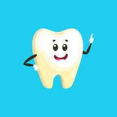 Cartoon character emoticon pointing finger isolated comic dental clinic mascot. Vector dentistry emblem, oral hygiene and dental care, toothpaste advertisement. Whitening and tooth extraction
