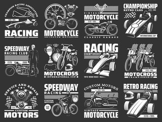 Racing car, motorcycle, bike and kart monochrome icons of vector auto race sport, motocross and rally. Racing flag, vehicle, course and open wheel car, speed competition trophy cup, racer and helmet - obrazy, fototapety, plakaty