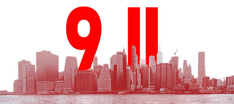 9 11 USA Remember September 11, date on red New York City skyline. America Patriot Day