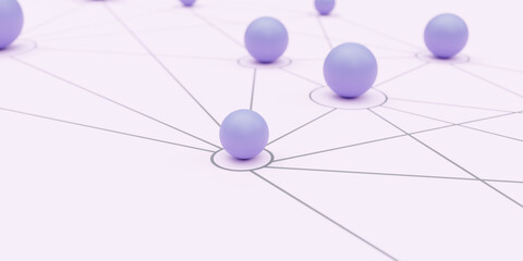Social media network concept. Blue ball linked, pink background. Online connection. 3d render