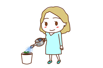 （全身斜め）鉢に植えた種から芽が出てきたので大事に水をかけて育てる白人女性