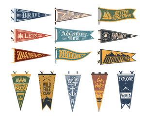 Camping pennant flags, camp pendants for adventure sport and travel hiking, vector. Varsity scout camping or university camper pennant flags, mountain tourism, campfire and sea camp anchor