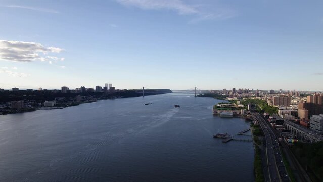 Aerial view towards the George Washington Bridge, in sunny Upper Manhattan, NYC, USA