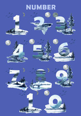Collection of numbers on blue watercolor background of nature,mountains,forest,lake,sky,hand painted.Suitable for poster printing,print,design work,thank you card and wedding invitations.Elegant numbe