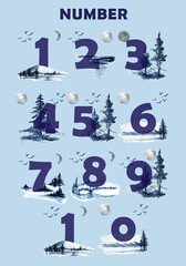 Collection of numbers on blue watercolor background of nature,mountains,forest,lake,sky,hand painted.Suitable for poster printing,print,design work,thank you card and wedding invitations.Elegant numbe
