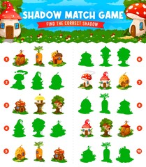 Fototapeta premium Fairytale cartoon houses on shadow match game worksheet. Child quiz, kindergarten kids intelligence playing activity or children vector puzzle with find shadow task and fantasy creatures homes