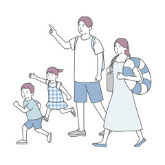 プールや海に出かける4人家族