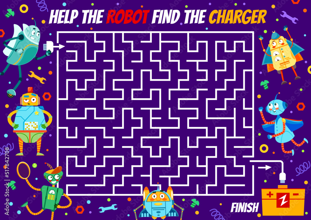 Aufkleber labyrinth maze worksheet, help robot to find charger, vector puzzle game. labyrinth or kids escape r
