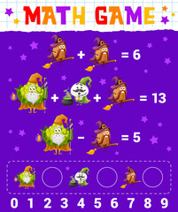 Cartoon vegetables wizard and warlock characters math game worksheet, vector education riddle. Kids math puzzle with potato, mushroom and Romanesco cabbage as wizards for mathematics count game