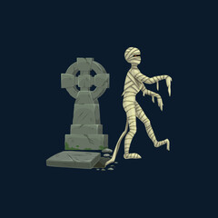 Cartoon spooky mummy rise from the grave creepy Halloween character. Vector bandaged monster, horror mascot with glowing eyes and bandage on body walking on cemetery, isolated eerie dead personage
