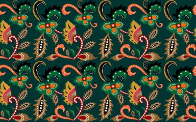 Seamless Beautiful floral batik patterns on a dark green background, suitable for fabric and other designs, Indonesian batik - obrazy, fototapety, plakaty