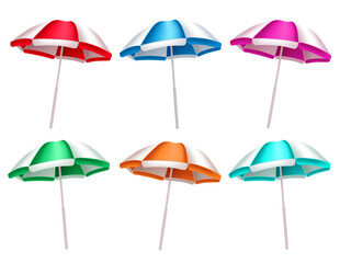 Obraz premium Summer beach umbrella vector set. Beach umbrella 3d collection isolated in white background for hot outdoor sun protection. Vector illustration. 
