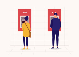 Young Woman Withdrawing Money At The ATM Machine While Being Watched By A Suspicious Man Standing Beside Her. Automated Teller Machine. Full Length. Flat Design Style, Character, Cartoon.