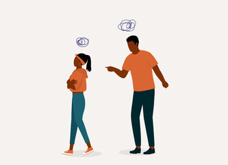 Angry Black Father Scolding His Teenage Daughter. Rebellious Teenage Girl With Arms Crossed Walking Away And Feeling Annoyed. Full Length. Flat Design Style, Character, Cartoon.