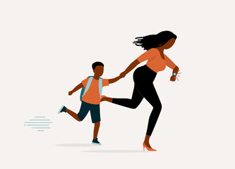 Fototapeta na wymiar One Black Mother Running Late For Bringing Her Son To School While Checking The Time On Her Watch. Full Length. Flat Design Style, Character, Cartoon.