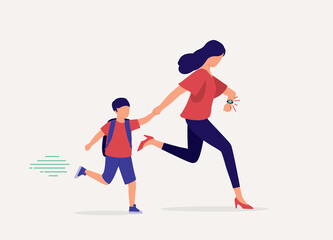 One Mother Running Late For Bringing Her Son To School While Checking The Time On Her Watch. Full Length. Flat Design Style, Character, Cartoon.