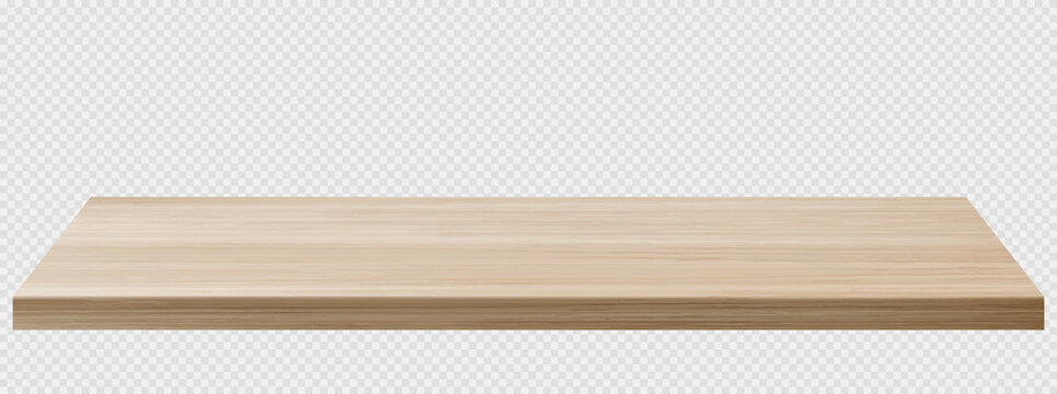 Wood Table Perspective View, Wooden Surface Of Desk, Kitchen Top Made Of Brown Timber Board Isolated On Transparent Background. Tabletop Interior Design Element, Realistic 3d Vector Illustration