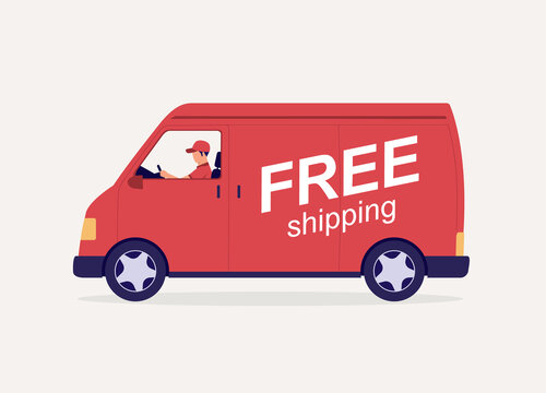 One Male Driver With Cap And T-Shirt Driving A Red Color Delivery Van With "Free Shipping" Sign. Full Length. Flat Design Style, Character, Cartoon.