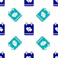 Blue Calendar with heart icon isolated seamless pattern on white background. Valentines day. Love symbol. February 14. Vector