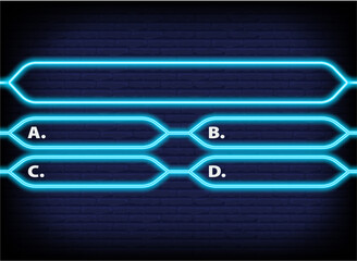 Neon quiz game template. Four options answers for knowledge exam in school, tv show. Vector Illustration 10 eps