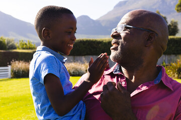 African american bald grandfather carrying smiling biracial grandson in yard during sunny day