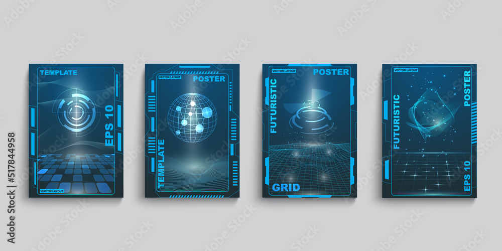 Poster techno cyberpunk posters. liquid art with black futuristic wiggly shapes. circle monochrome flyer de