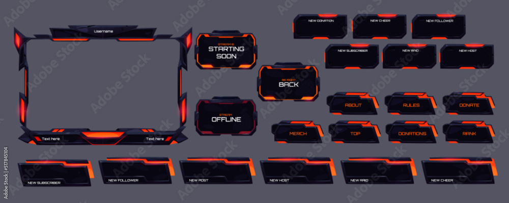 Poster game live stream panels, overlay frames and buttons with red neon glow. vector cartoon set of ui int