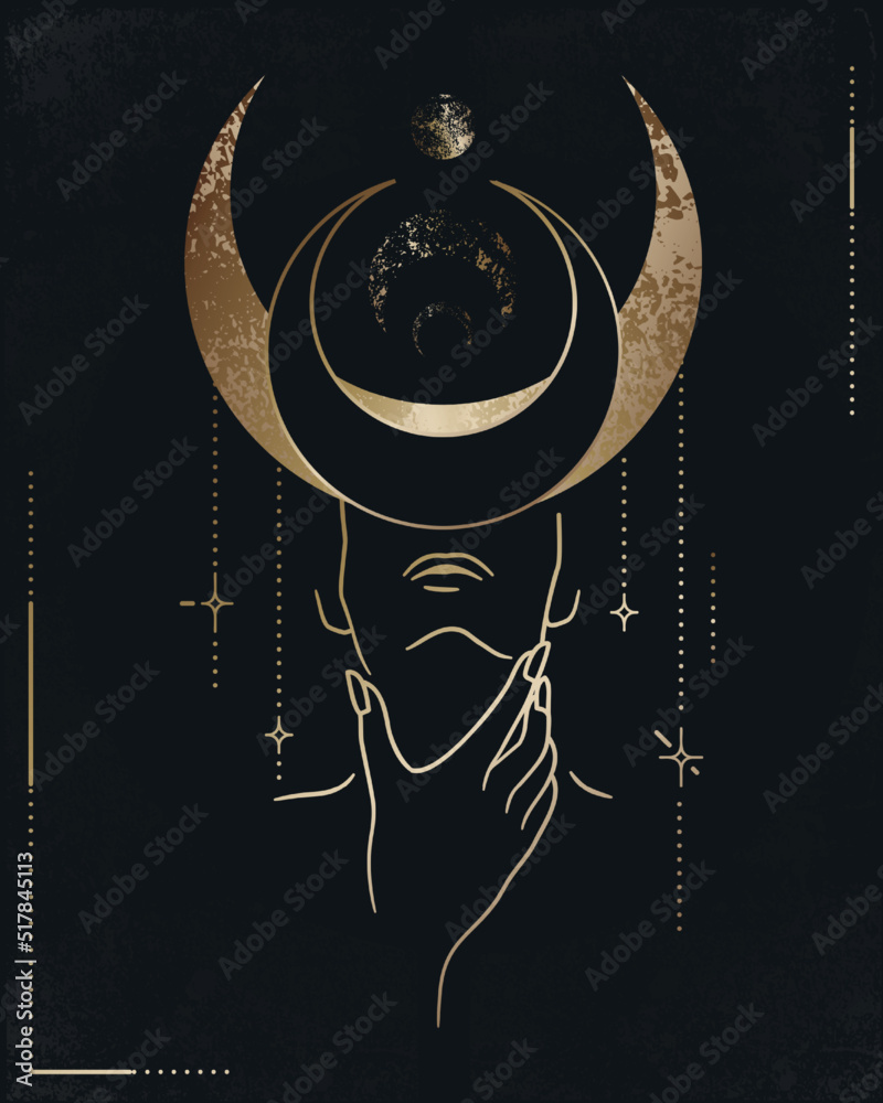 Wall mural Boho celestial gold moon. Full star elements, retro alchemy sky, esoteric astrology planet, shine universe. Mystic woman portrait with golden texture, vector illustration isolated on black