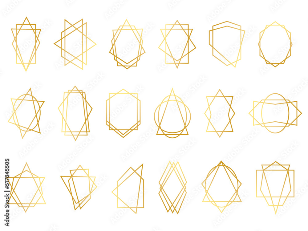 Poster Geometric gold frames. Luxury line invite borders. Golden modern shapes. Abstract marble cards. Polygon figures set. Isolated elegant diamond metallic forms. Vector pattern background