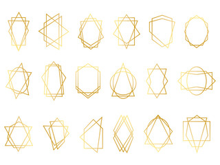 Geometric gold frames. Luxury line invite borders. Golden modern shapes. Abstract marble cards. Polygon figures set. Isolated elegant diamond metallic forms. Vector pattern background