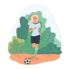 Beautiful sporty girl soccer player running kicking a ball outdoors. Woman play football in the park. Front view. Colorful female character isolated on white background. Vector illustration.