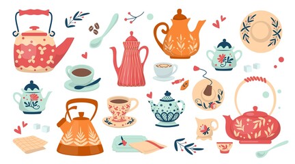Ceramic crockery. Kitchen cooking tableware with jug, porcelain cup, teapot and colorful pitcher, plate with ornament and glass bowl, food dish tool. Cozy home dining. Vector illustration set