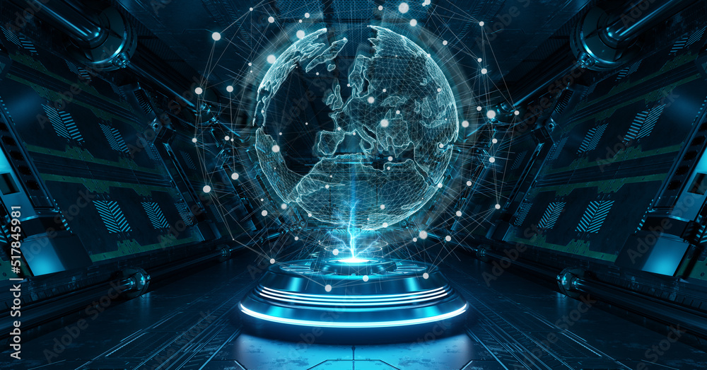 Poster blue spaceship interior with glowing world map. futuristic corridor in space station with projected 