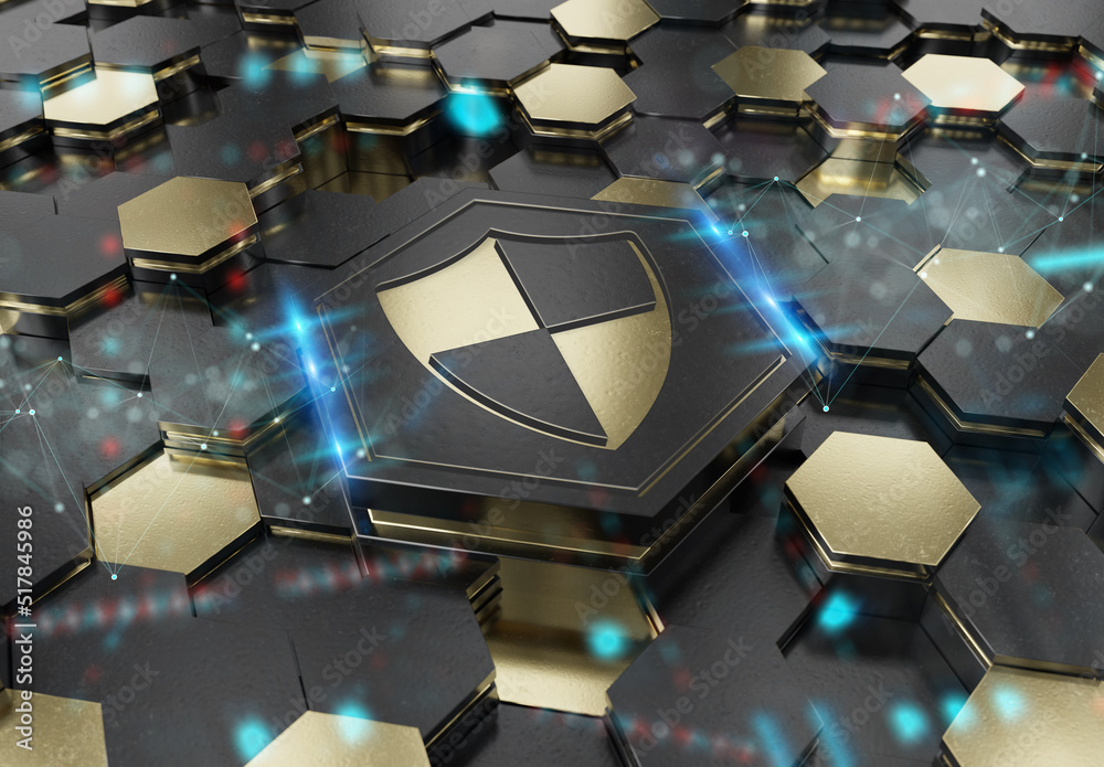 Poster Shield icon concept engraved on gold metal hexagonal pedestral background. Security Logo glowing on abstract digital surface. 3d rendering