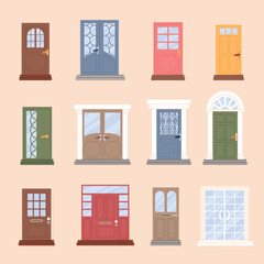 Old wooden doors set. Antique house front with doorknob with windows, glass entrance and handle exterior. Modern and classic architecture, decor isolated on objects. Vector cartoon collection