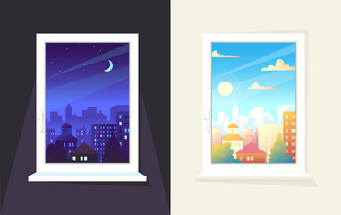 Day and night window. Morning sun view and moon time city background. House building. Apartment landscape. Downtown panorama. Nighttime and daytime cityscape. City scenery. Vector concept