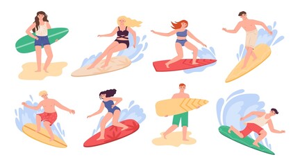 Surfer characters on wave. Surf man with board on beach. People with surfboards. Travels adventures in ocean. Woman in water. Extreme sport. Summer activity. Vector surfing persons set