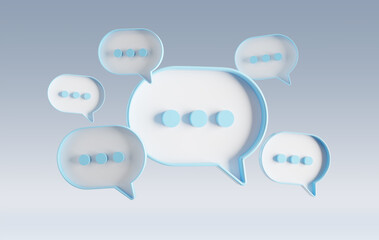 Minimalist blue and white speech bubbles talk icons floating over grey background. Modern conversation or social media messages with shadow. 3D rendering