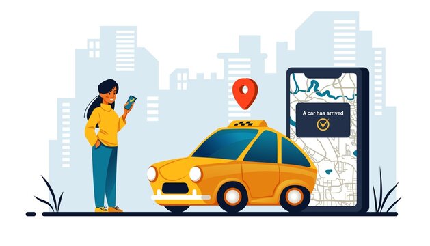 Taxi service. Woman renting automobile in city. Street carsharing and rental auto app. Location map pin. Smartphone application. Urban transportation. Cab order. Vector illustration