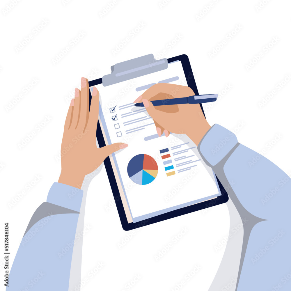 Poster Table top view. Employee workspace. Office worker writing on paper tablet. Cartoon characters working with infographics. Clipboard with report document. Pen in arms. Vector hands on desk