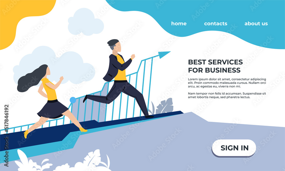 Poster business landing page. website interface template. running businessmen. progress infographics. compa