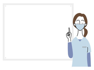 指をさして説明する女性歯科医（水色ユニフォーム）