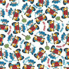 Seamless pattern vector of Cute fox cartoon having fun driving off road car go to forest. Creative vector childish background for fabric textile, nursery wallpaper, poster. and other decoration.
