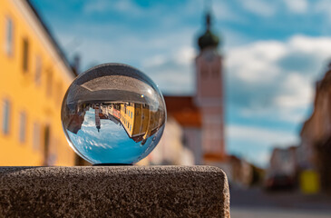 Crystal ball landscape shot at Landau center, Isar, Bavaria, Germany