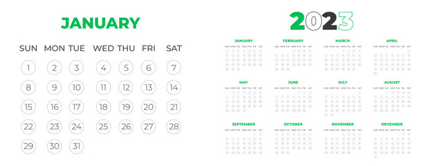 Fototapeta na wymiar 2023 wall calendar design template with green color
