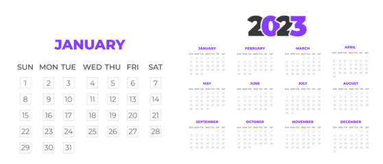 2023 wall calendar design template  with purple color